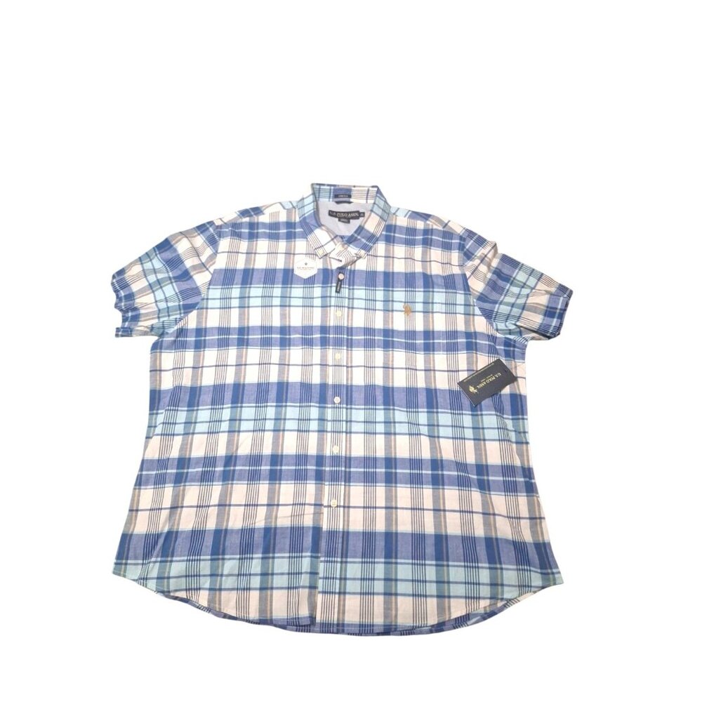 NWT U.S POLO ASSN Mens Short Sleeve Blue White Plaid Button Up Sz Med